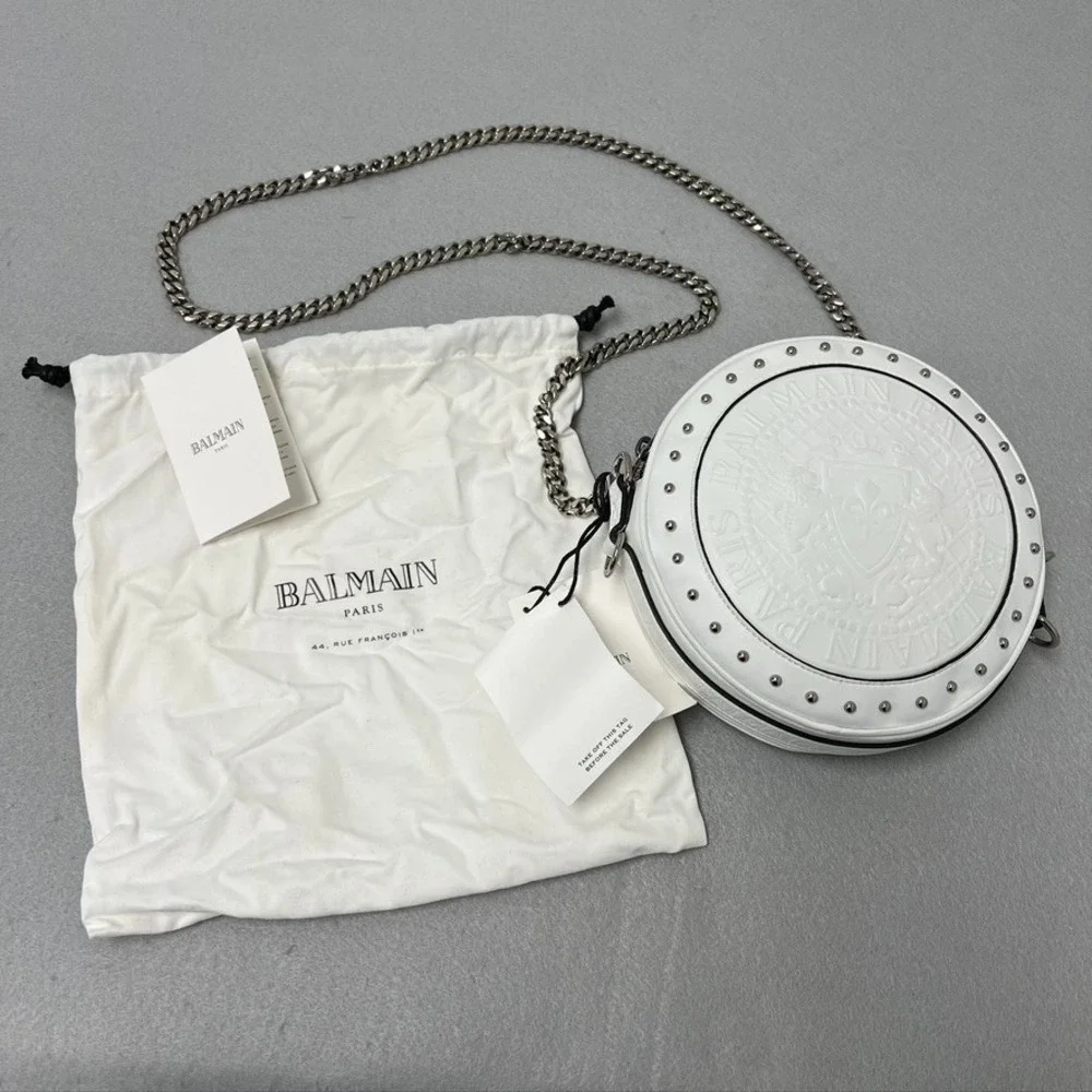 Balmain‎ Disco Leather Circle Crossbody Shoulder Bag White Small Chainlink Strap - Picture 5 of 16